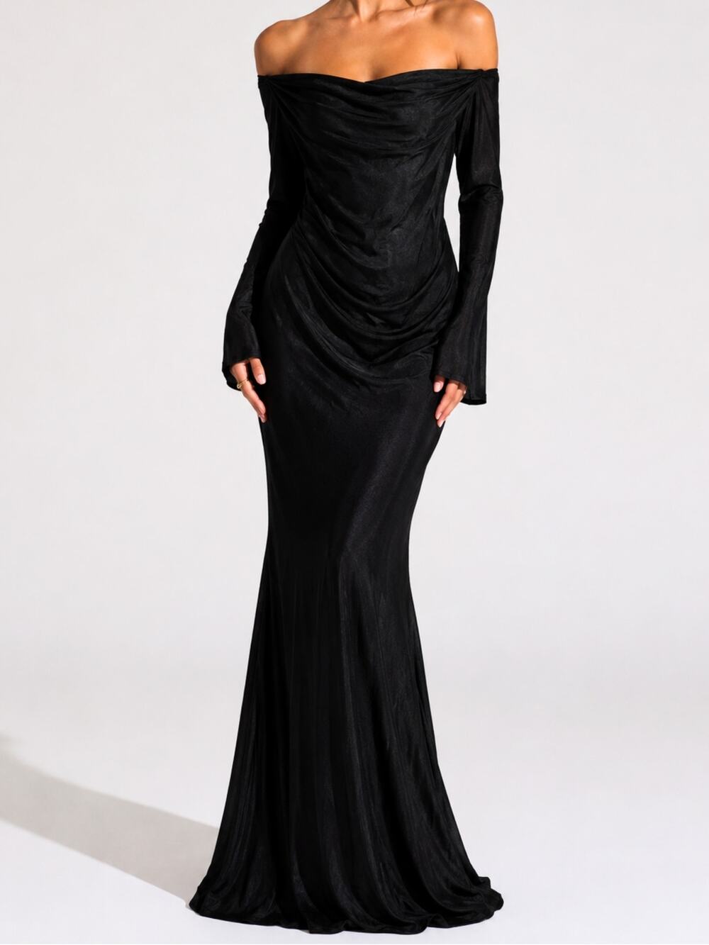 Showpo Black Off The Shoulder Long Sleeve Maxi Dress Gown Medium Formal Party